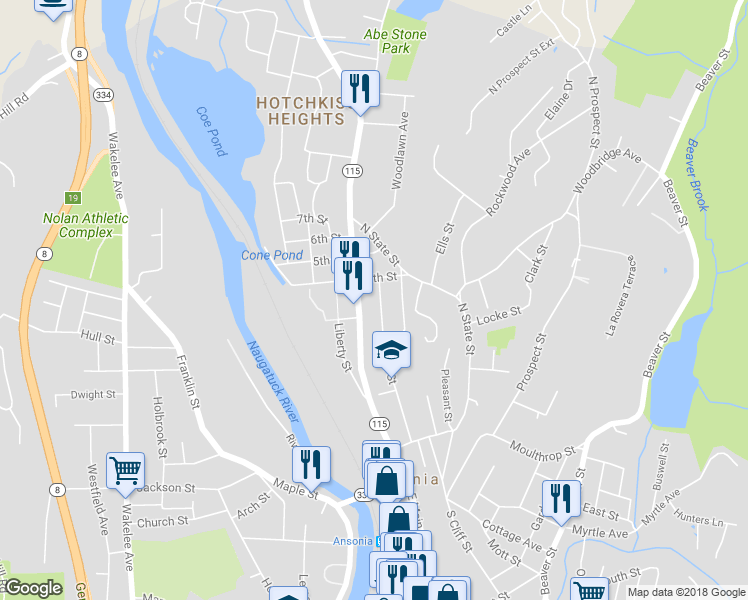 map of restaurants, bars, coffee shops, grocery stores, and more near 113 North Cliff Street in Ansonia