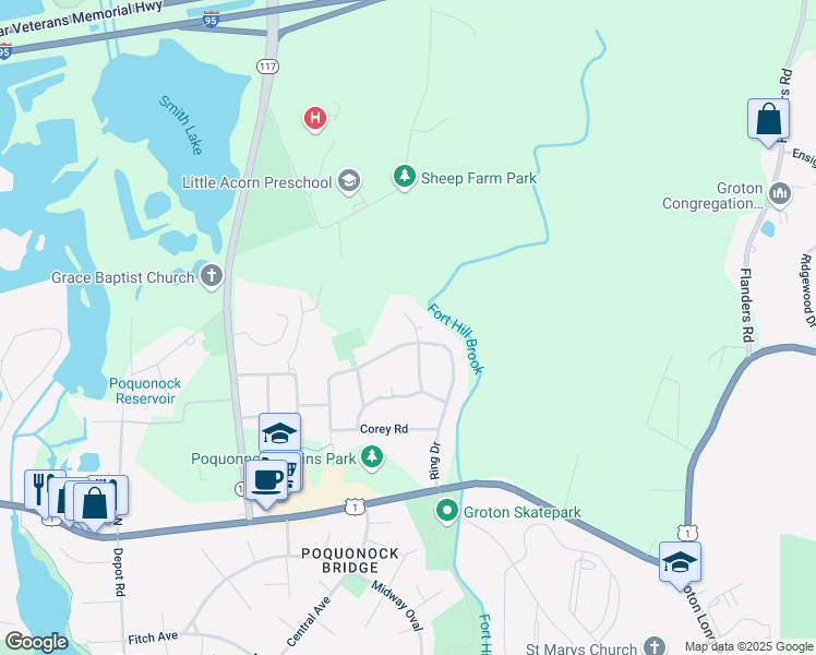 map of restaurants, bars, coffee shops, grocery stores, and more near 13 Meryl Court in Groton