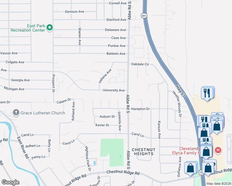 map of restaurants, bars, coffee shops, grocery stores, and more near 739 University Ave in Elyria