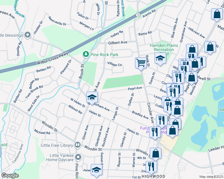 map of restaurants, bars, coffee shops, grocery stores, and more near 125 Pearl Avenue in Hamden