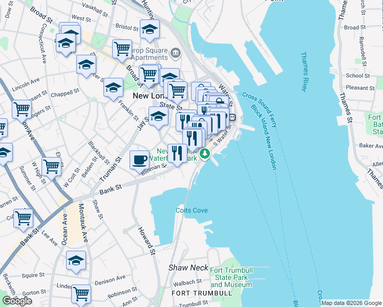 map of restaurants, bars, coffee shops, grocery stores, and more near 194 Bank Street in New London
