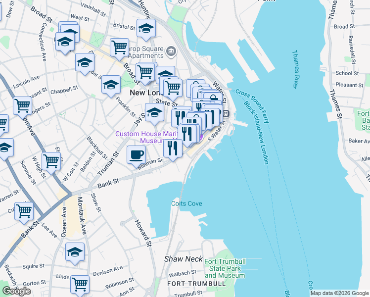 map of restaurants, bars, coffee shops, grocery stores, and more near 194 Bank Street in New London