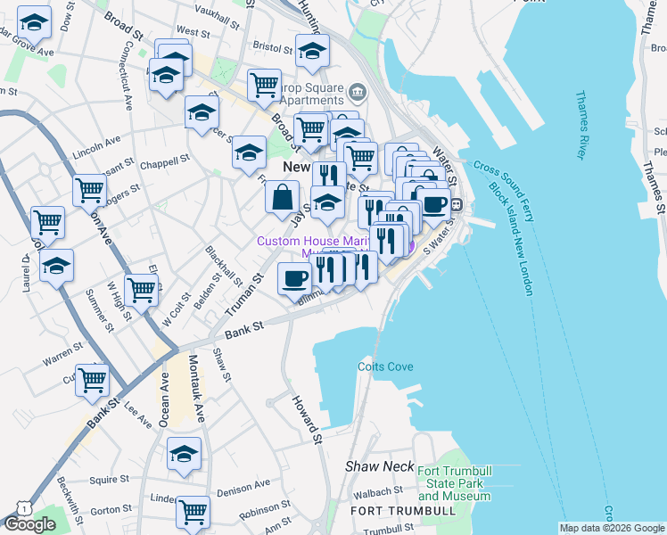 map of restaurants, bars, coffee shops, grocery stores, and more near 25 Brewer Street in New London