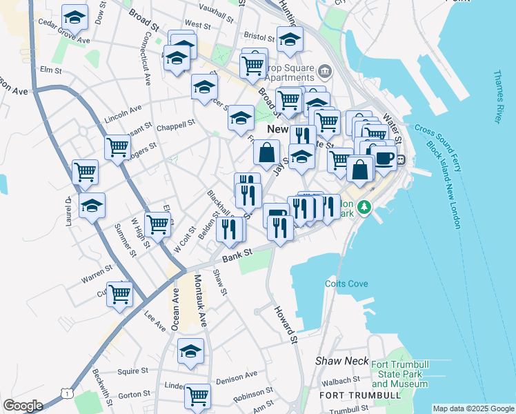map of restaurants, bars, coffee shops, grocery stores, and more near 101 Truman Street in New London