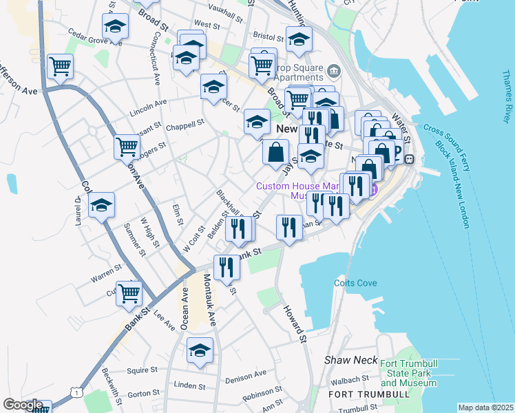 map of restaurants, bars, coffee shops, grocery stores, and more near 101 Truman Street in New London
