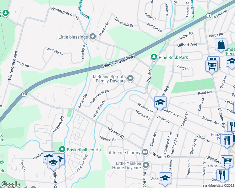 map of restaurants, bars, coffee shops, grocery stores, and more near 134 West Side Drive in Hamden