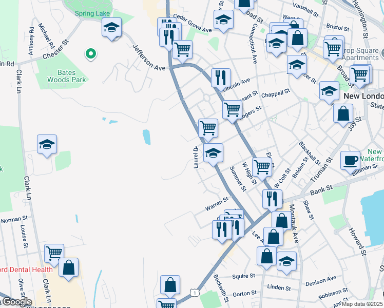 map of restaurants, bars, coffee shops, grocery stores, and more near 67 Laurel Drive in New London