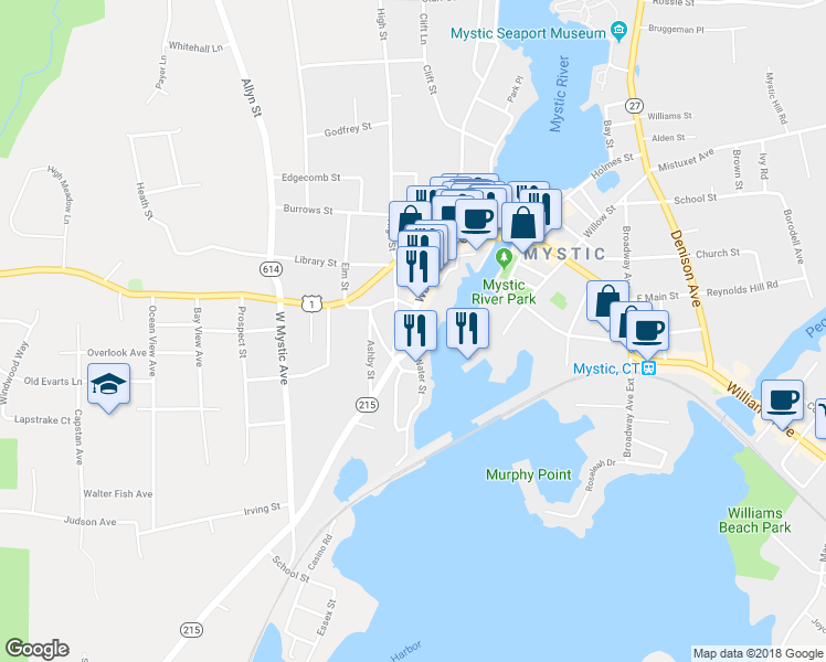 map of restaurants, bars, coffee shops, grocery stores, and more near 24 Water St in Groton