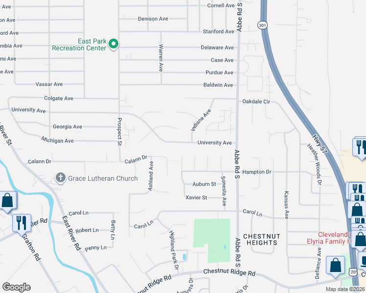 map of restaurants, bars, coffee shops, grocery stores, and more near 653 University Avenue in Elyria