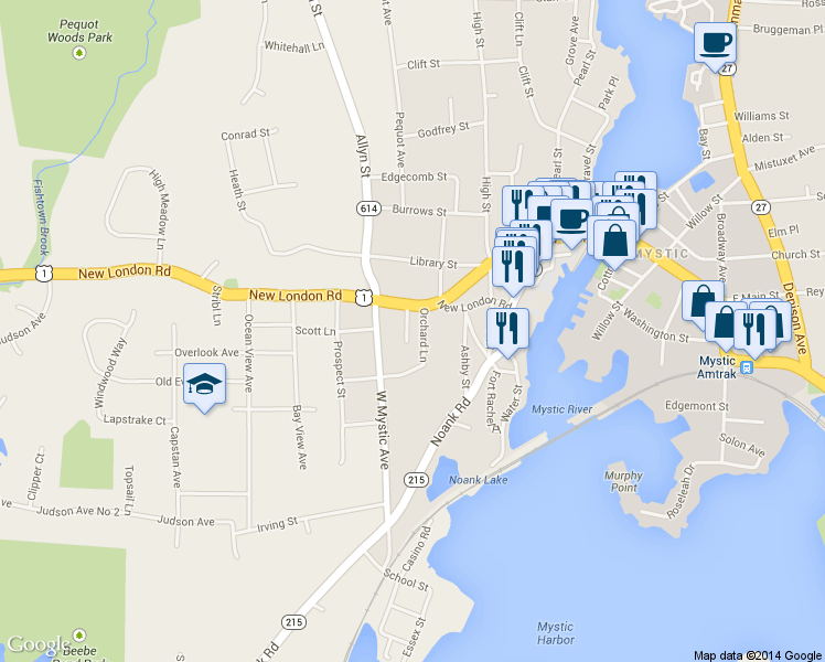 map of restaurants, bars, coffee shops, grocery stores, and more near 7 Rathbun Place in Mystic