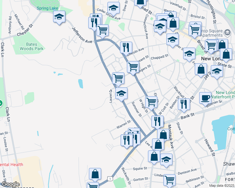 map of restaurants, bars, coffee shops, grocery stores, and more near 166 Colman Street in New London