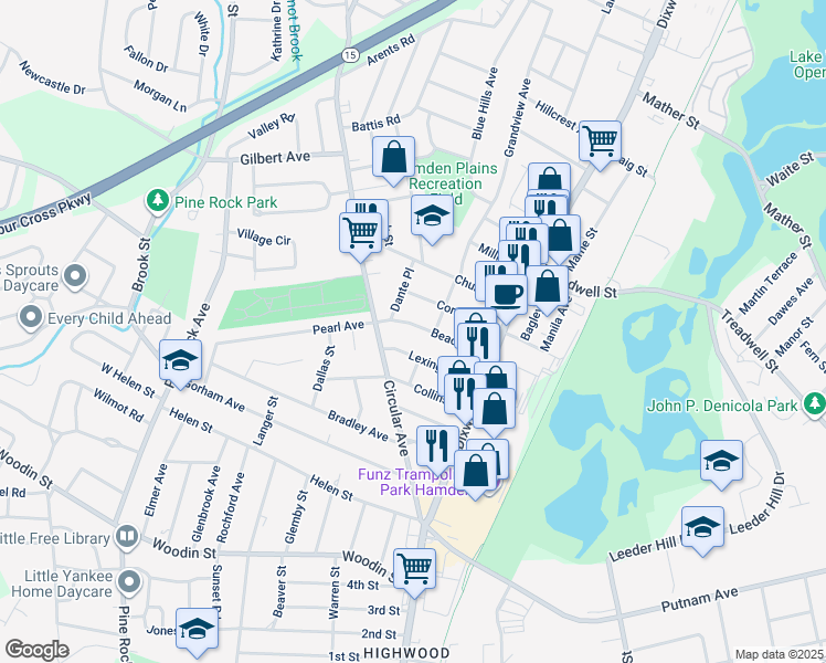 map of restaurants, bars, coffee shops, grocery stores, and more near 84 Beacon Street in Hamden