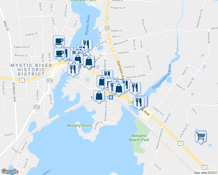 map of restaurants, bars, coffee shops, grocery stores, and more near 31 Broadway Avenue in Stonington