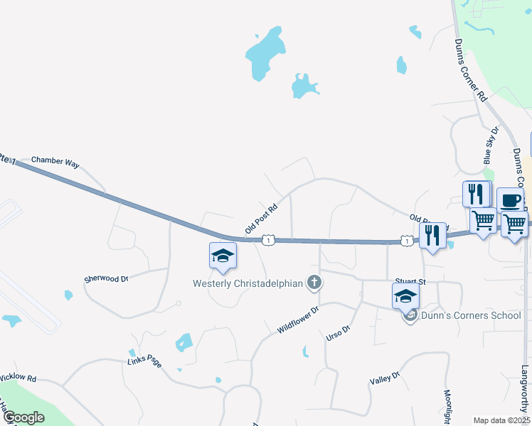 map of restaurants, bars, coffee shops, grocery stores, and more near 15 Montrose Court in Westerly