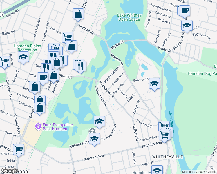 map of restaurants, bars, coffee shops, grocery stores, and more near 91 Dawes Avenue in Hamden