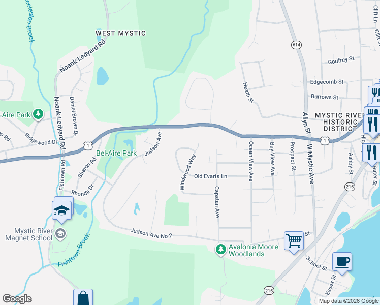 map of restaurants, bars, coffee shops, grocery stores, and more near 97 Windwood Way in Groton