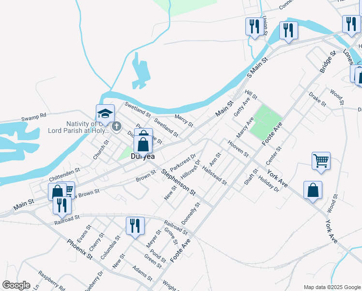 map of restaurants, bars, coffee shops, grocery stores, and more near 626 Main Street in Duryea