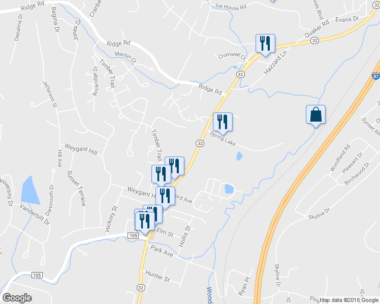 map of restaurants, bars, coffee shops, grocery stores, and more near 595 New York 32 in Woodbury