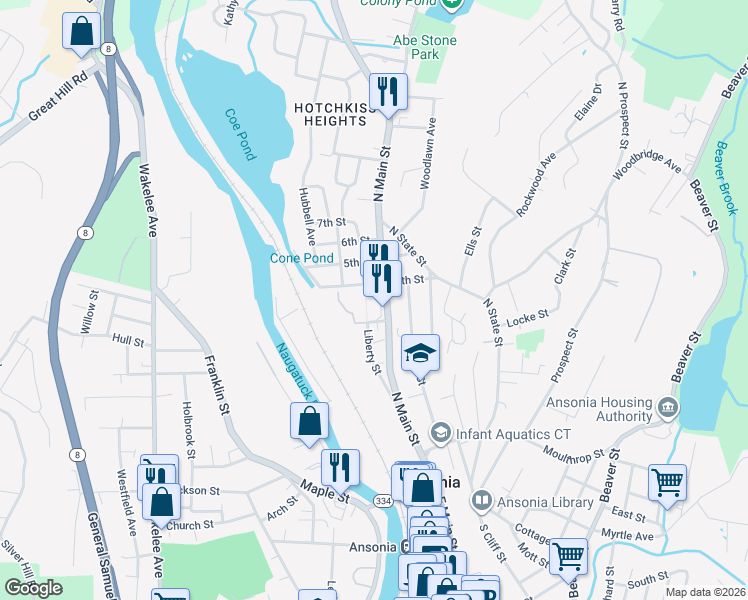 map of restaurants, bars, coffee shops, grocery stores, and more near 141 North Main Street in Ansonia