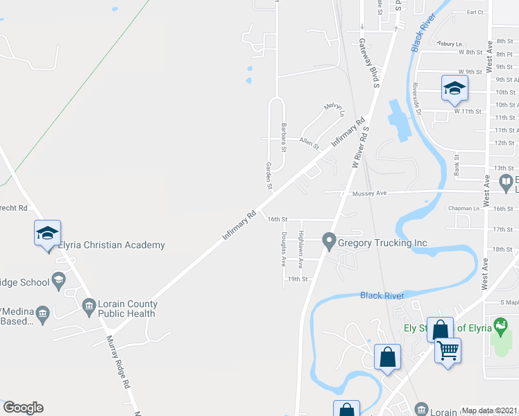 map of restaurants, bars, coffee shops, grocery stores, and more near 998 Infirmary Road in Elyria