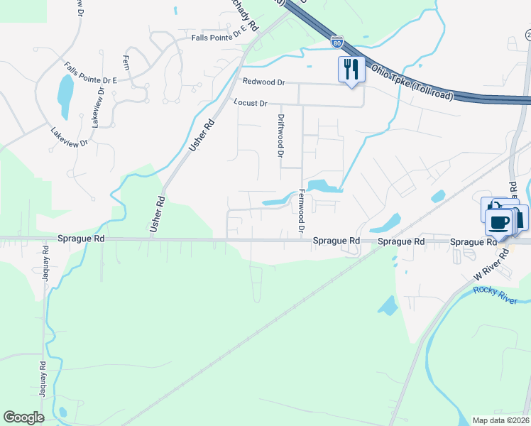 map of restaurants, bars, coffee shops, grocery stores, and more near 26639 Lake of the Falls Boulevard in Olmsted Falls