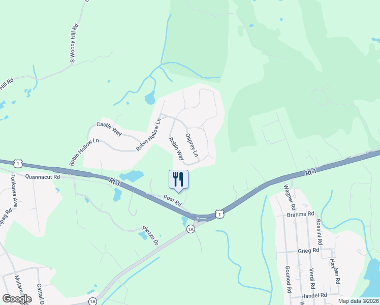 map of restaurants, bars, coffee shops, grocery stores, and more near 16 Robin Way in Westerly