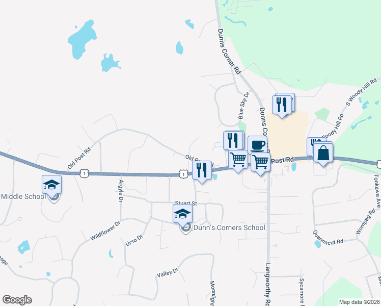map of restaurants, bars, coffee shops, grocery stores, and more near 92 Old Post Road in Westerly