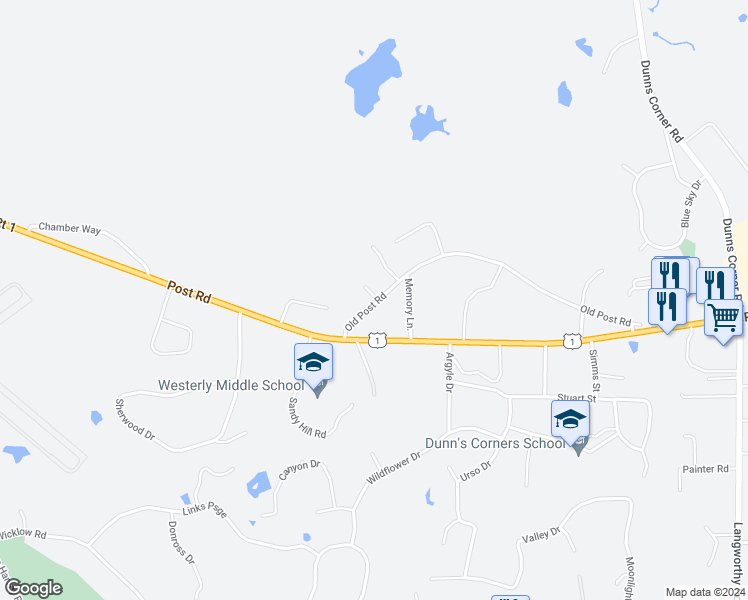 map of restaurants, bars, coffee shops, grocery stores, and more near 15 Montrose Court in Westerly