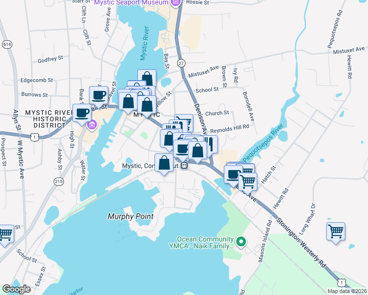 map of restaurants, bars, coffee shops, grocery stores, and more near 18 Lincoln Avenue in Stonington