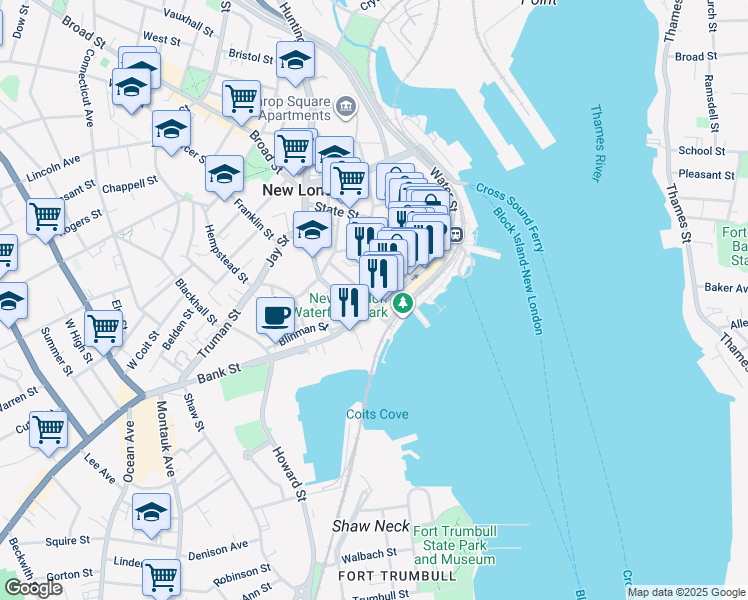 map of restaurants, bars, coffee shops, grocery stores, and more near 194 Bank Street in New London