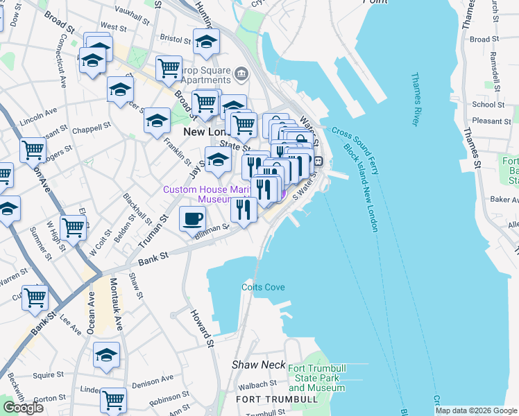 map of restaurants, bars, coffee shops, grocery stores, and more near 194 Bank Street in New London