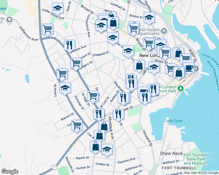 map of restaurants, bars, coffee shops, grocery stores, and more near 25 Connecticut Avenue in New London