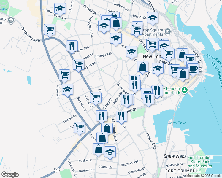 map of restaurants, bars, coffee shops, grocery stores, and more near 25 Connecticut Avenue in New London