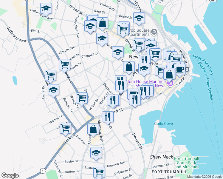 map of restaurants, bars, coffee shops, grocery stores, and more near 31 Blackhall Street in New London