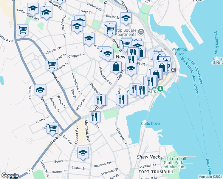 map of restaurants, bars, coffee shops, grocery stores, and more near 101 Truman Street in New London