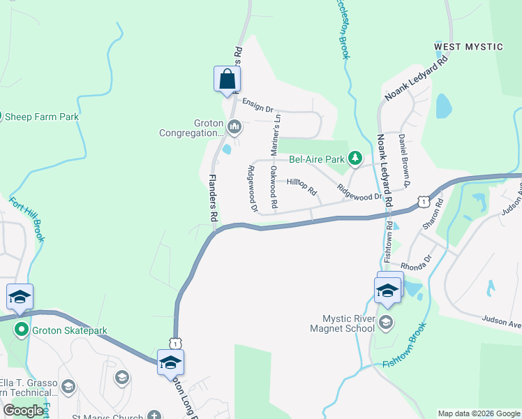 map of restaurants, bars, coffee shops, grocery stores, and more near 342 Ridgewood Drive in Groton