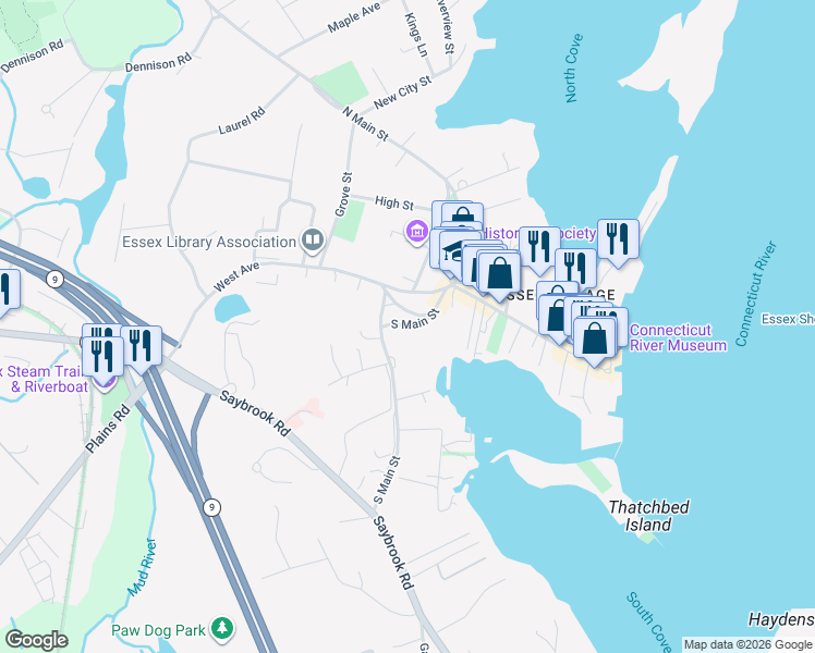 map of restaurants, bars, coffee shops, grocery stores, and more near 11 South Main Street in Essex