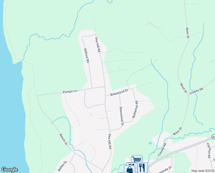 map of restaurants, bars, coffee shops, grocery stores, and more near 375 Sea Hill Road in North Branford