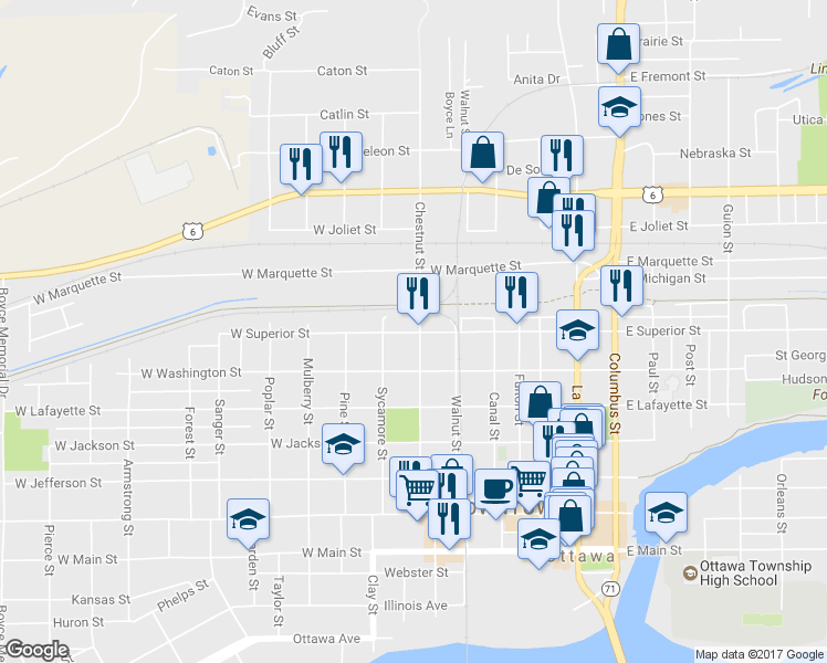 map of restaurants, bars, coffee shops, grocery stores, and more near 617 West Superior Street in Ottawa