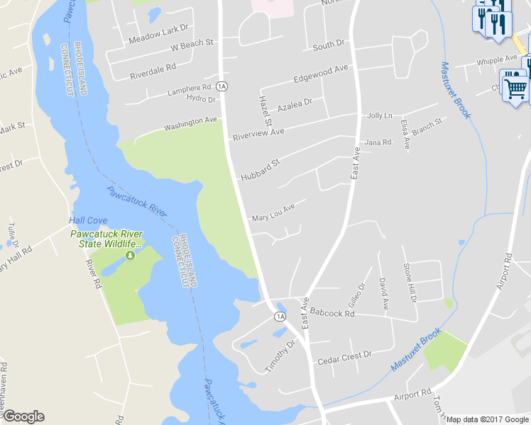 map of restaurants, bars, coffee shops, grocery stores, and more near 8 Mary Lou Avenue in Westerly