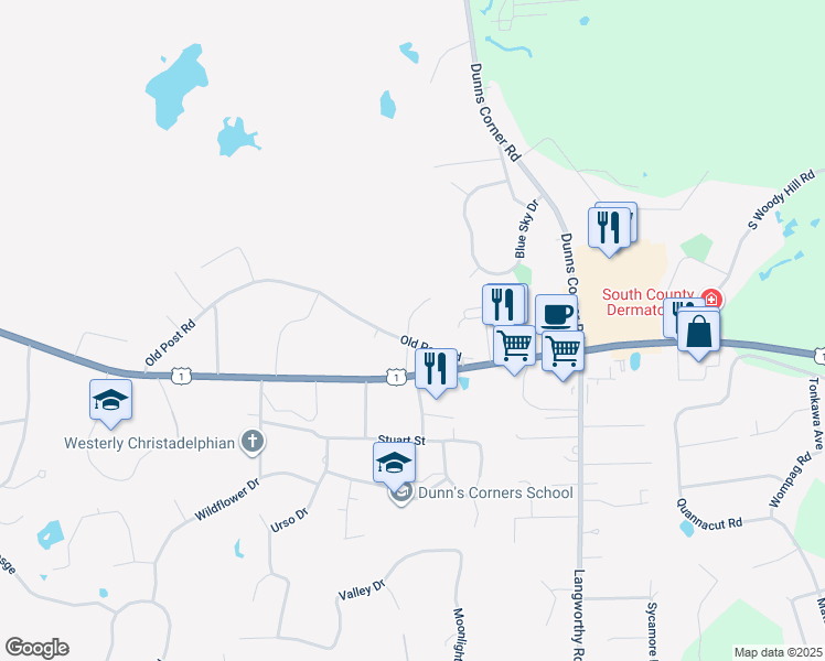 map of restaurants, bars, coffee shops, grocery stores, and more near 92 Old Post Road in Westerly