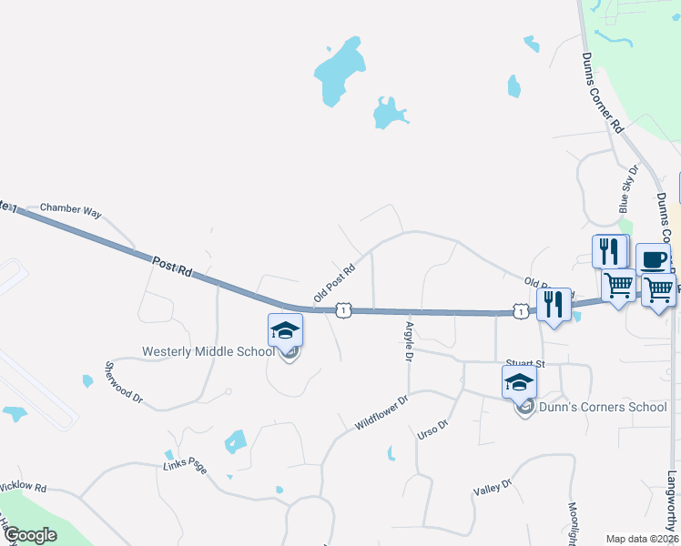 map of restaurants, bars, coffee shops, grocery stores, and more near 15 Montrose Court in Westerly