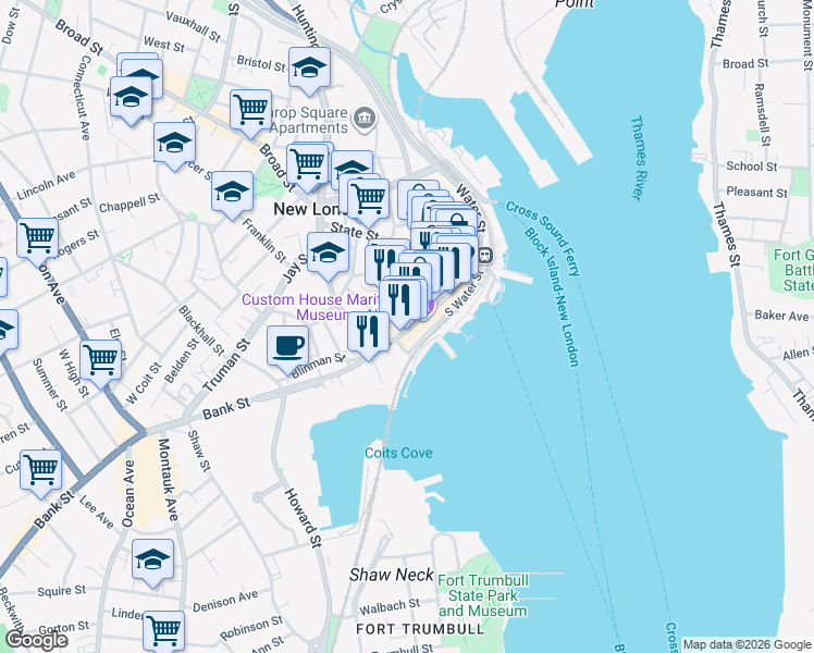 map of restaurants, bars, coffee shops, grocery stores, and more near 194 Bank Street in New London