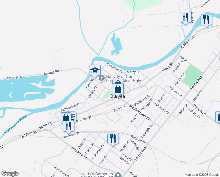 map of restaurants, bars, coffee shops, grocery stores, and more near 401-449 Fulton Street in Duryea