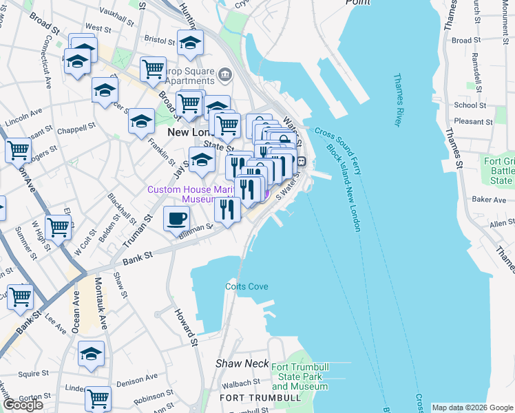 map of restaurants, bars, coffee shops, grocery stores, and more near 194 Bank Street in New London