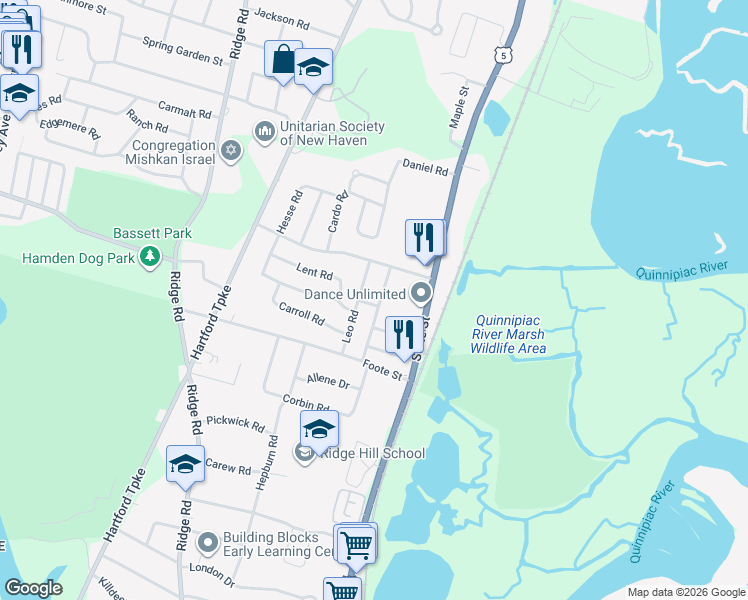 map of restaurants, bars, coffee shops, grocery stores, and more near 72 Edgecomb St in Hamden