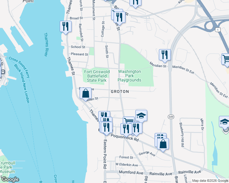 map of restaurants, bars, coffee shops, grocery stores, and more near 147 Baker Avenue in Groton