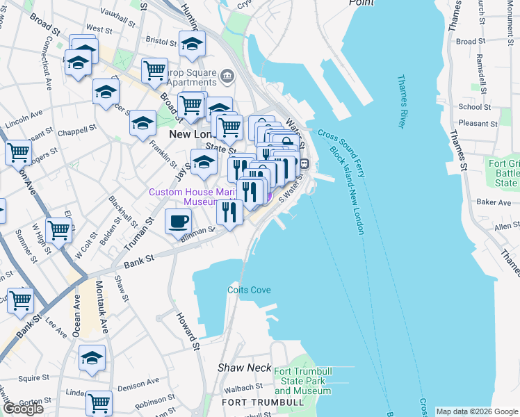 map of restaurants, bars, coffee shops, grocery stores, and more near 194 Bank Street in New London