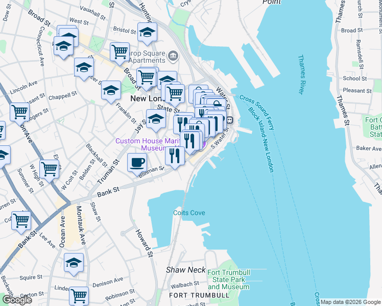 map of restaurants, bars, coffee shops, grocery stores, and more near 194 Bank Street in New London