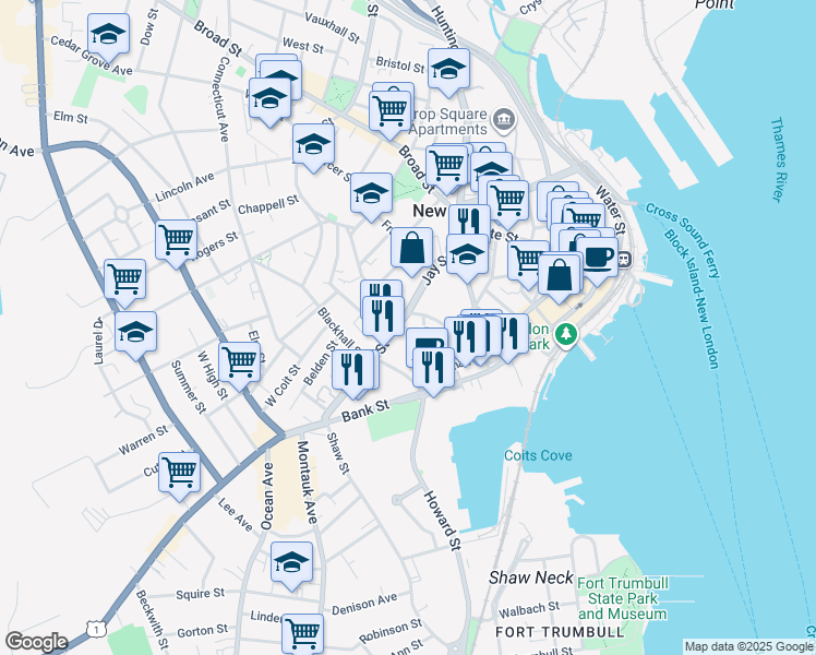 map of restaurants, bars, coffee shops, grocery stores, and more near 101 Truman Street in New London